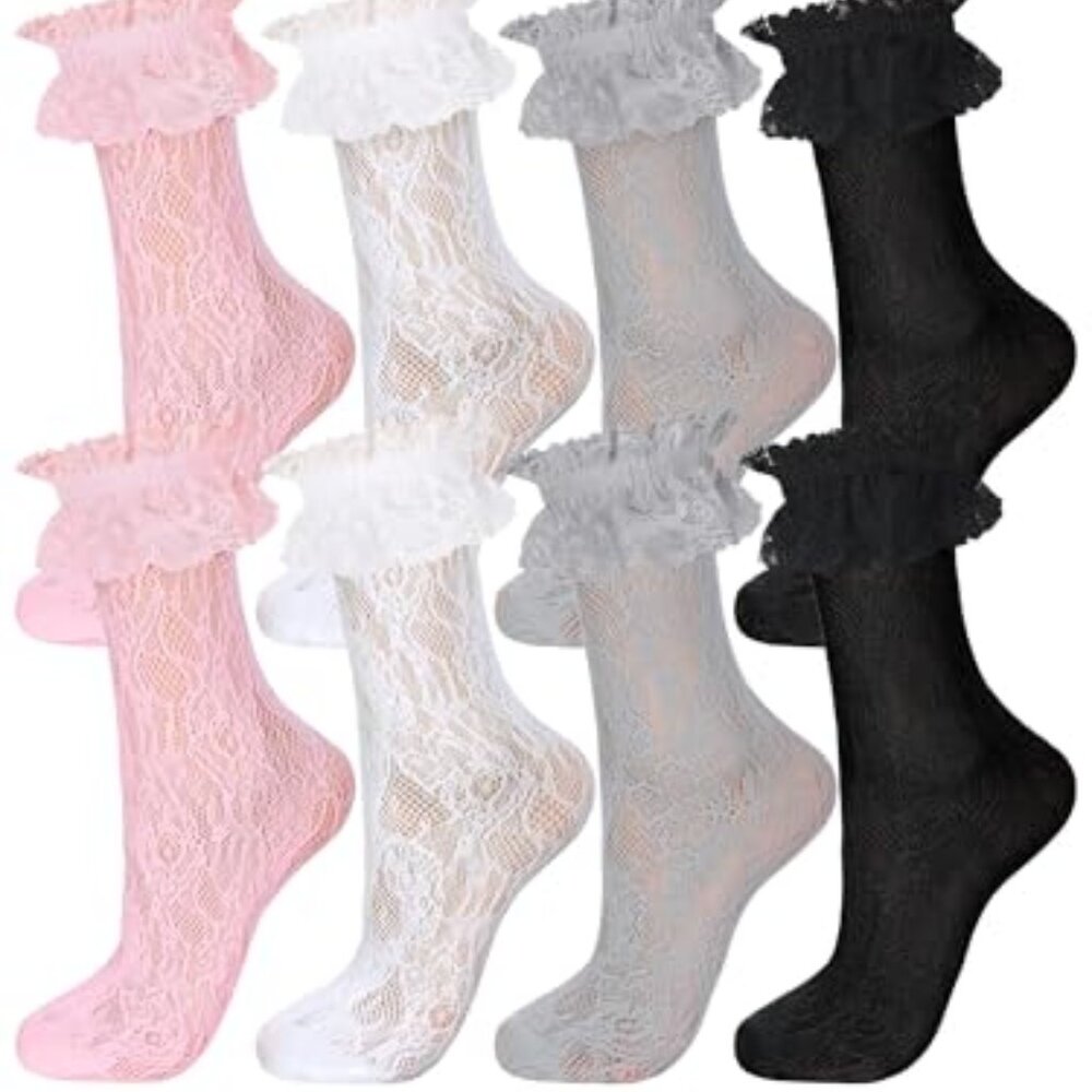 Women's Lace Ruffle Frilly Ankle Socks (4 Pairs)